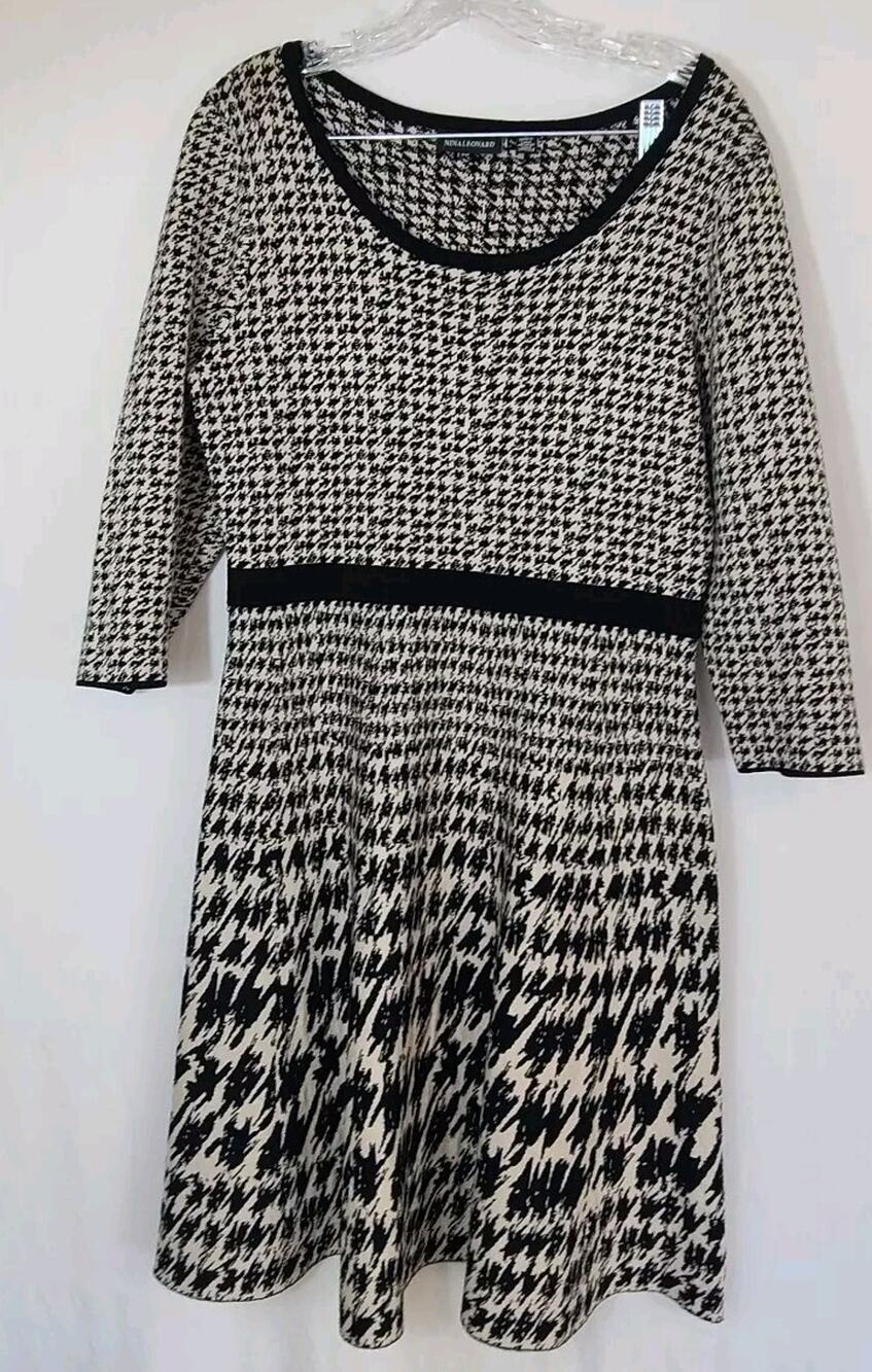Nina Leonard Houndstooth Fit & Flare Sweater Dress Size: Large 12-14